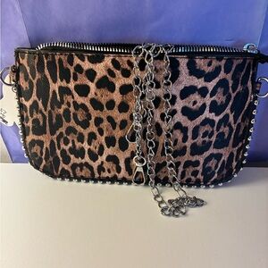 Leopard Print Chain Crossbody Bag - Brown/Black